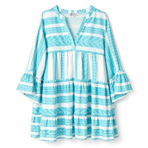 Ceezele Aqua Boho Tiered Tunic Dress Size L Flowy V-Neck
